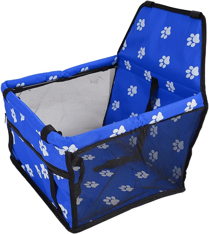 Pet Carrier Cage Dog Car Seat Bear Pattern Washable Foldable Pet Safety Travel Seat with Support Rod for Cars Oxford Cloth Material (Blue paw Print Support Stick Style)