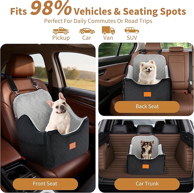 XEEP Dog Car Seat Bed for Small/Medium Dogs – 2 in 1 Car Seat for Dogs Up to 35 lbs -Use Travel Booster Seat with Memory Foam, Safety Belt, Bonus Urine Pad & Blanket, Removable Washable Cover, Grey