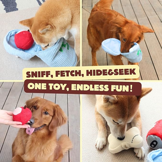 Dog Squeaky Toys, Plush Puzzle Dog Toy for Small Medium Large Dogs, Chew Fetch Brain Stimulating Toy, 3 Durable Small Dog Toys with a Big Trash Can