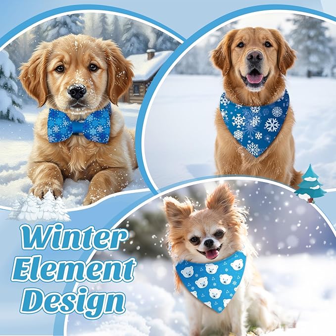 Sanwuta 100 Pcs Winter Dog Bandanas Bulk and Collar Bow Ties Set 50 Snowflake Cats Bandanas for Dogs 50 Winter Charm Doggie Collar Pet Triangle Scarf Bowtie for Small Medium Large Pets Costume