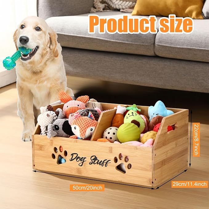 Leinuosen Large Dog Toy Bin Basket, 20 Inch Large Stuff Toy Storage Basket Bin with Bone Handle Cutout Pattern Bamboo Container for Organizing and Storage Dog Leash Chew Toys, (Natural, Divided)