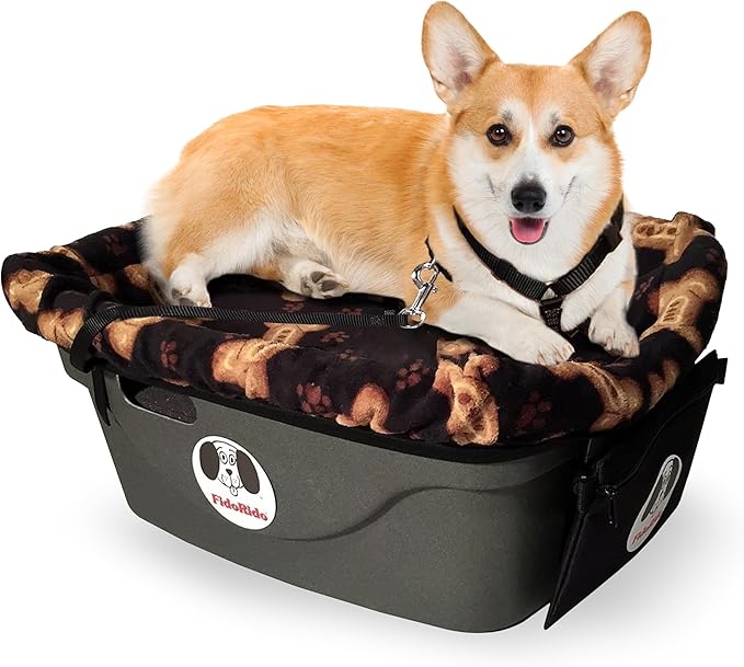 FidoRido Dog Car Seat - Pet Booster Seat for Small to Large Dogs with Comfortable Cushions, Sherpa Cover, and Safety Straps, Easy to Install, Ideal for Travel, Black with Tan Bones - Medium Harness
