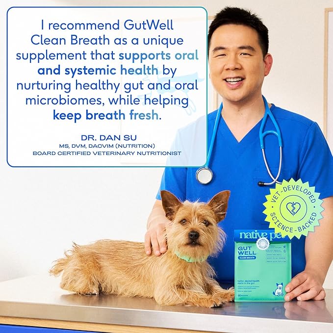 Native Pet GutWell Clean Breath - Dog Breath Freshener & Dog Dental Powder - Teeth Cleaning to Reduce Plaque & Tartar - Promotes Fresh Breath with Targeted Triple-biotic Dental Care Blend - 60 Scoops