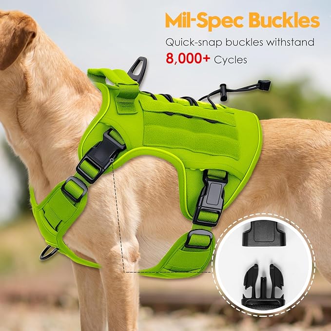 Heavy-Duty Tactical Dog Harness for Large Dogs, No Pull Adjustable Reflective Pet Vest with Molle System, K9 Military-Grade Control for Service Training, Outdoor & 10+ Breeds, Wild Lime, Large