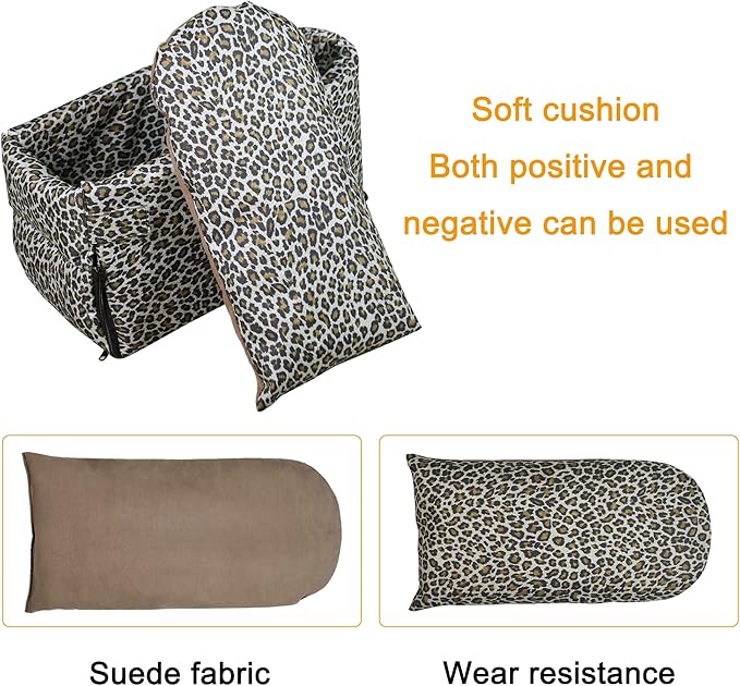 Pet Safety Booster Seat, Center Console Car Seat for Small Dogs Cats, Puppy Armrest Booster Seat, Pet Washable Travel Armrests Bed Bag, Removable Dog Car Seat for Small Pets Up to 13 Lbs (Leopard)