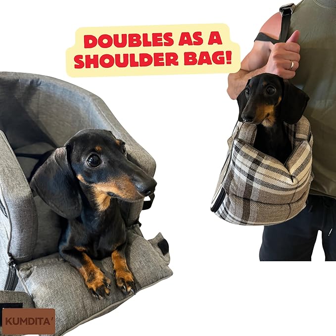 Kumdita' Center Console Dog Car Seat & Carrier for Small Dogs & Cats – Portable Booster with Sewn-in Leash, Machine Washable, Fits Most Vehicles (Classic Beige Check)