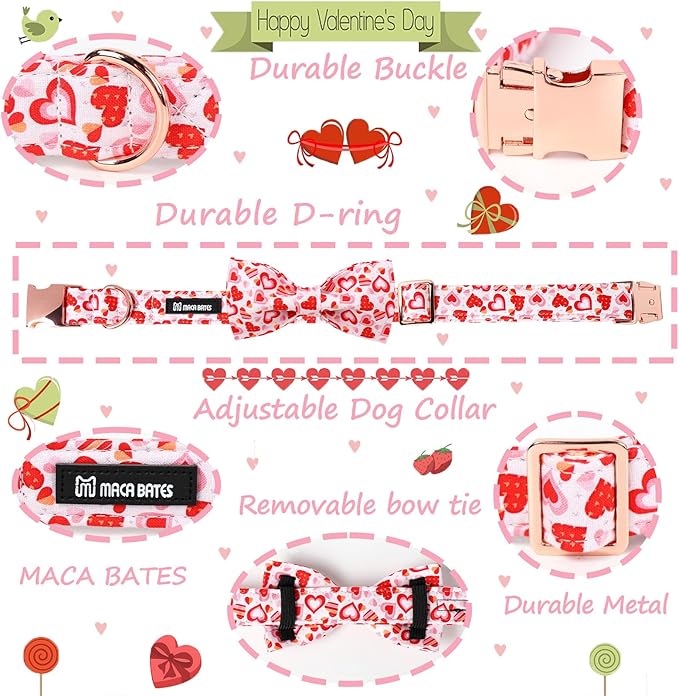 Maca Bates Valentine's Day Dog Collar with Fancy Bow for Extra Small Girl Boy Dogs,Love Pink Hearts Pattern,Adjustable Durable Soft Valentine Gift for Female Male Puppy