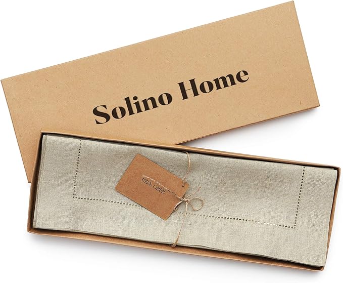 Solino Home Linen Placemats Set of 6 - Classic Hemstitch Natural Placemats 14 x 19 Inch - 100% Pure Linen Table Mats for Holiday, New Year