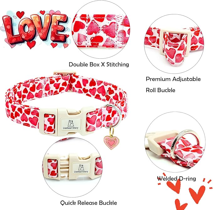 Lionheart glory Valentine Collar, Red Hearts Dog Collar for Large Cute Dog Collars Spring Female Pet Gift Adjustable Heavy-Duty Holiday Dog Collar Plastic Buckle