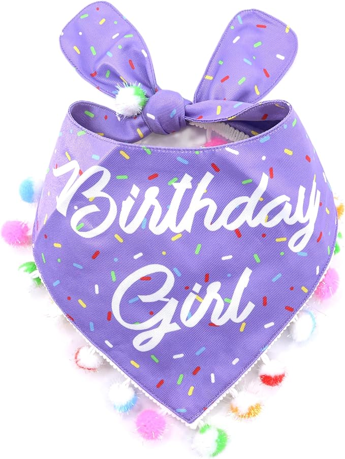LunaMarie - Luxury Pet Birthday Bandanas -Premium & Silky Poly Fabric | 100% Handmade | Custom Shape Dual Layered (Birthday Girl Purple, Large)