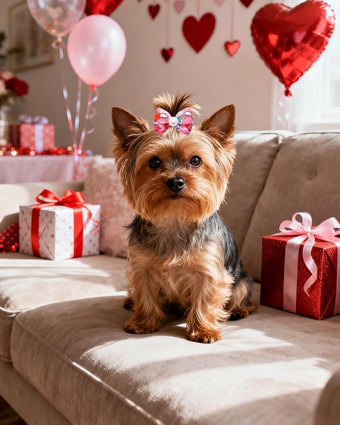PET SHOW 20 Pack Valentines Dog Hair Bows with Alligator Clips for Small Medium Dogs Bowknot Hair Clips Cat Puppy Yorkshire Grooming Hair Accessories Rose Red Pink for Party Costumes