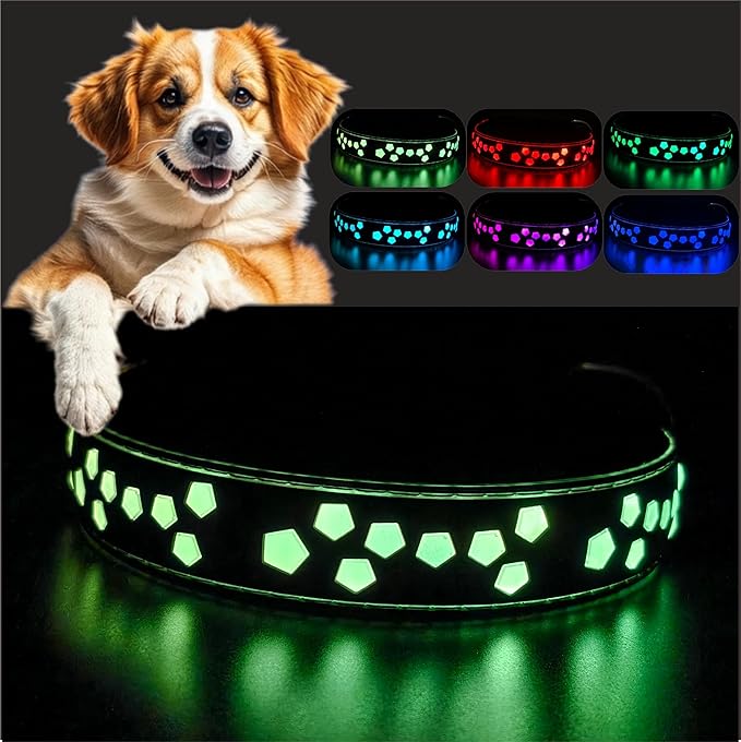 customerlized Dog Collar USB Rechargeable, Waterproof airtag Holder LED Light Up PET Collars Adjustable Soft Silicone Collar for Medium Large Dogs (Black, L(15.7-19.7"))