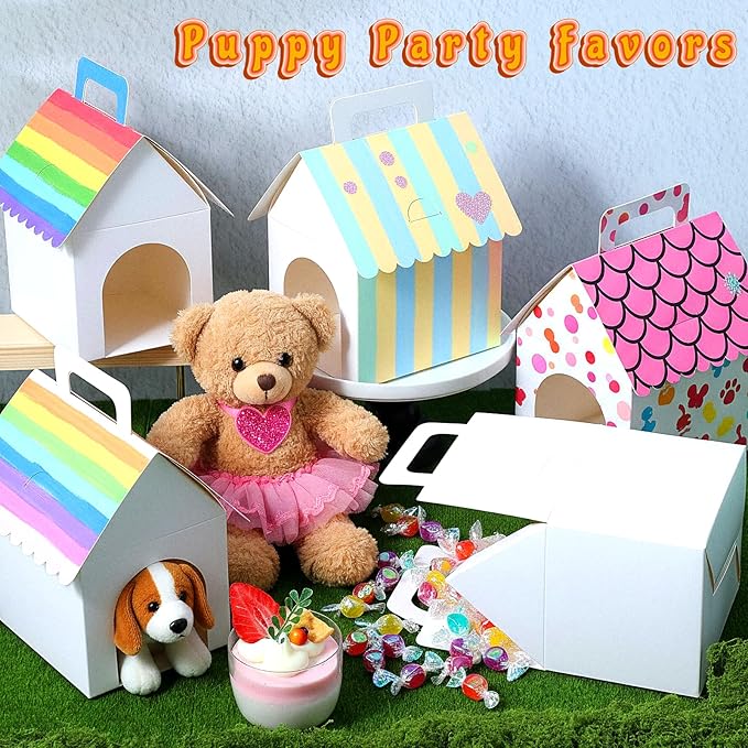 Afcabakila 24PCS Dog House Party Favor Boxes, Dog House Shaped Treat Gift Boxes with Holes Foldable Cardboard with Handles for Puppy Adoption, Birthday, Pet Theme Decorations (Dolls Not Included)