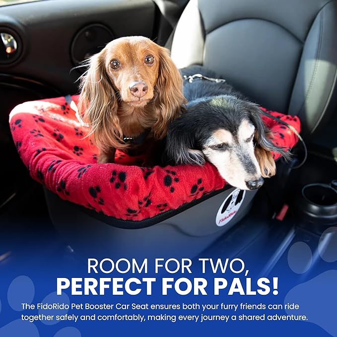 FidoRido Dog Car Seat - Pet Booster Seat for Small to Large Dogs with Comfortable Cushions, Sherpa Cover, and Safety Straps, Easy to Install, Ideal for Travel, Red, Black Paw Prints - Small Harness
