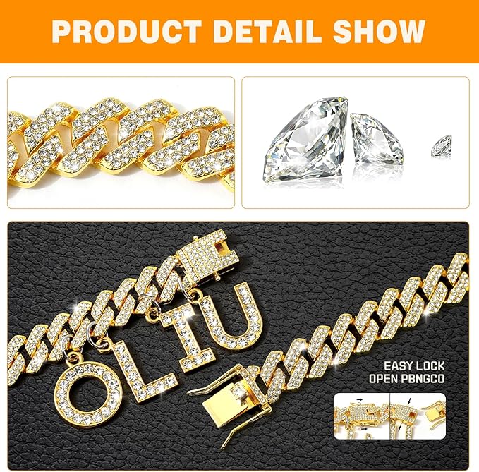MUMUPET Custom Dog Collar Chain Golden Diamond Name Letters Cuban Style Collar Jewelry Secure Buckle Small Medium Dog Accessories