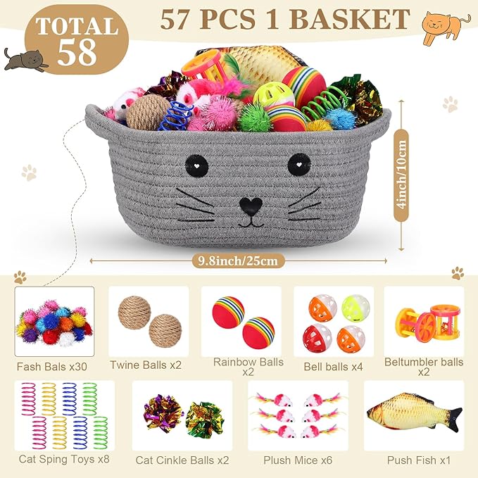 Zopeal 58 Pcs Cat Storage Basket Gift Toys Set, Colorful Flashing Balls Pet Bell Crinkle Balls Spring Toys Attract Cat to Swat, Hunt, Interactive for Pet(Grey,9.8 Inch)