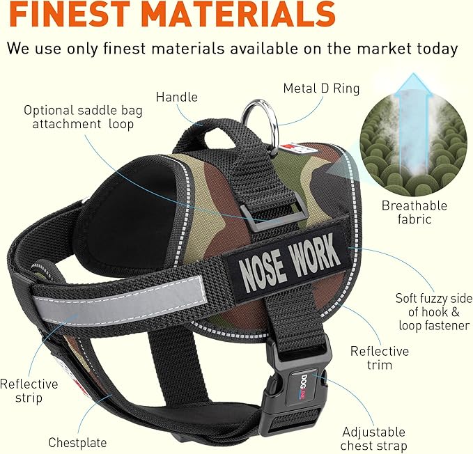Dogline Unimax Dog Harness Vest with Nose Work Patches Adjustable Straps Breathable Neoprene for Identification Training Dogs Girth 18 to 25 in Green Camo