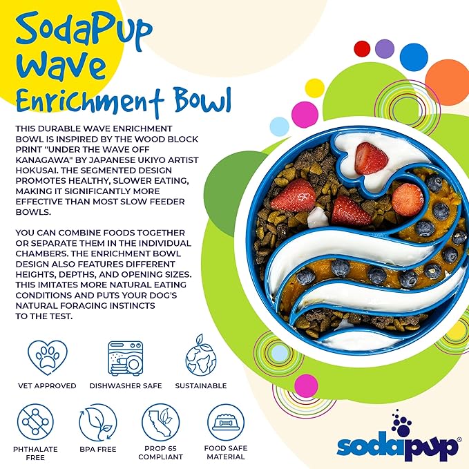 SodaPup Wave Enrichment Bowl – Durable Enrichment Slow Feeder Bowl Made in USA from Non-Toxic, Pet-Safe, Food Safe Material for Mental Stimulation, Slowing Down Eating, Healthy Digestion, & More