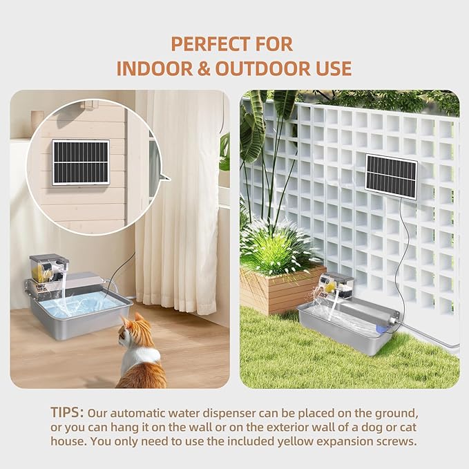 Automatic Water Dispenser for Dogs 2 Gallons, 304 Stainless Steel Solar Circulating Water Bowl for Pet Dog Cat and Livestock, 3/4" GHT Faucet Adapter - Indoor & Outdoor Use