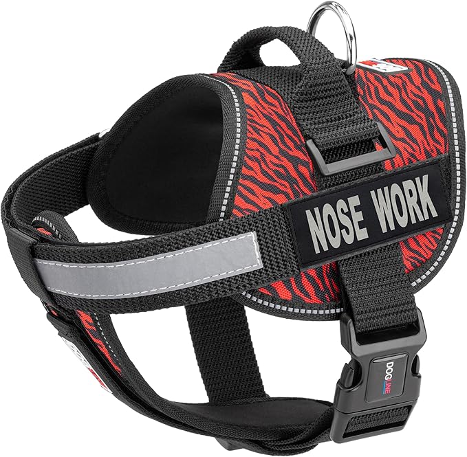 Dogline Unimax Dog Harness Vest with Nose Work Patches Reflective No-Pull, Adjustable Straps, Breathable Neoprene for Medical, Service, Identification and Training Dogs Girth 18 to 25" Zebra Red