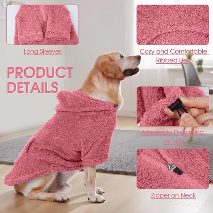 IDOMIK Fuzzy Dog Sweater with Adjustable Hood, Warm Fleece Dog Sweater Hoodie with Harness Hole & Pocket, Pullover Sweaters for Large Dogs, Fuzzy Hooded Sweatshirt for Fall Winter Christmas,Pink,3XL