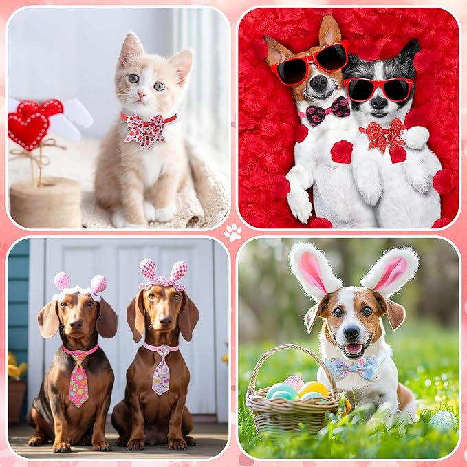 Reginary 100 Pieces Dog Bow Tie Collar Set Include 40 Dog Neckties, and 30 Puppy Bowties, 30 Collar Flowers, Adjustable Pet Ties Grooming for Small Medium Cats Pets Supply(Valentines,Irish, Easter)