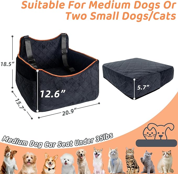 Dog Car Seat for Medium Sized Dogs 30 lbs, Safety Dog Booster Seat for Small Dogs Hooks to The Seatbelt & with Elevated Cushion, Waterproof Washable Travel Doggy Car Seat with Storage Pockets(Gray)