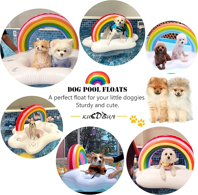 Dog Pool Floats Set, Dog Float Raft with Collapsible Dog Bowl, Non-Toxic Floating Dog Water Toys for Small Dog, Puppy and Doggies, Rainbow Cloud