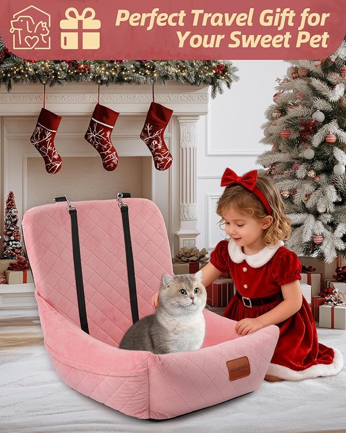 Dog Car Seat for Small Dogs Up to 25lbs,Soft Washable Fabric Fill in Memory Foam,Easy to Assemble with 2 Clip-On Safety Leashes and Storage Pockets,Front or Back Seat are Both OK (Pink)