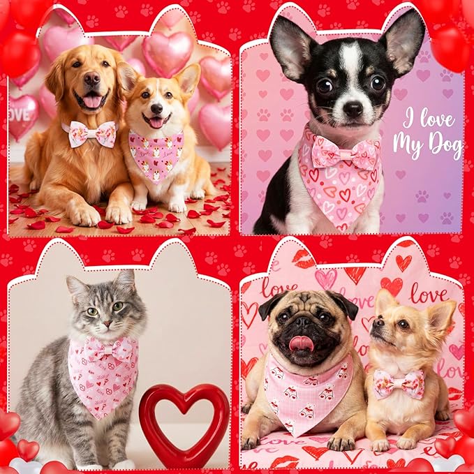 Sanwuta 100 Pcs Valentine's Day Dog Bandanas Bulk and Collar Bow Flower Ties Set 50 Valentine Bandanas 50 Heart Love Dog Collar Pet Triangle Pet Scarf Bowtie for Small Medium Large Costume Outfit