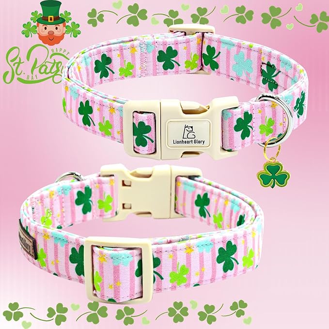 Lionheart glory St. Patrick's Dog Collar-Lucky Clover Shamrock Pink Spring Trefoil Dog Collar for Small Dogs Adjustable Heavy-Duty Dogs Collars Pet Gift Female