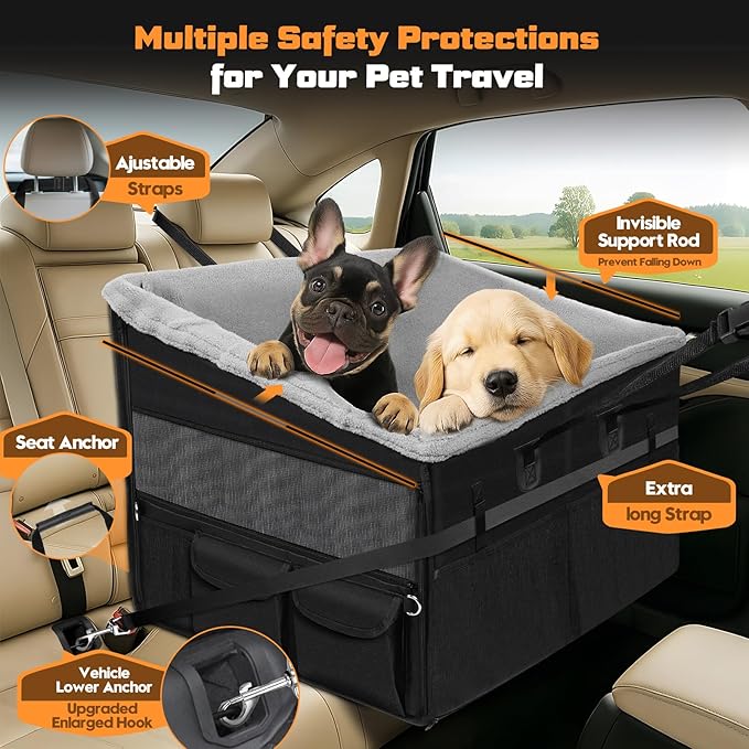 Large Dog Car Seat with Detachable Fleece Cover Summer & Winter | Backseat | Dog Car Seats for 2-3 Small | Medium | Large Dogs | Mesh Windows | Storage Pockets | Travel
