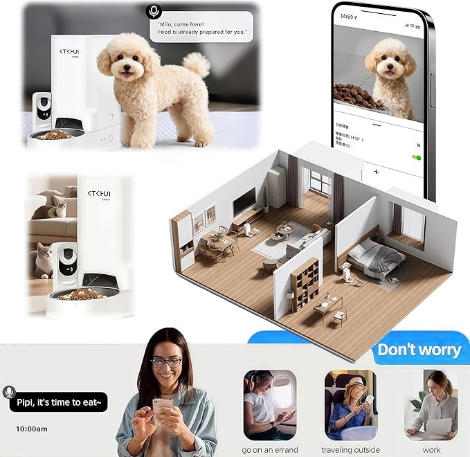 Automatic Dog Feeder with Camera, 1080P HD Video with Night Vision, Scheduled Automatic Pet Feeder, Separated Design Wide Grain Path with 2-Way Audio ＆ Feeding Call Function for Small Dog & Cat