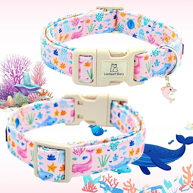 Lionheart glory Dog Collar Sea Animals Print Pink Dog Collars Male or Female Spring Summer Cute Collar Pet Gift Durable Adjustable Dog Collar for Medium Dogs