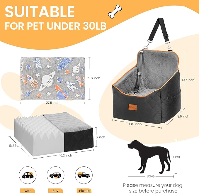 Dog Car Seat for Small Dog, Booster Seat for Dogs Under 30lb, Elevated Pet Seat with Pockets, Anti-Slip Bed for Car, Perfect for Front & Back Seats with Safety Leash (Black/Grey, Medium)