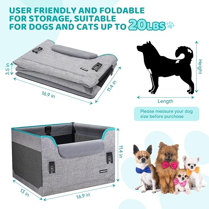 Dog Car Seats for Small Dogs, Pet Booster Seat Under 20 lbs, Puppy Car Seat with Folded Metal Frame and Raised Cushion, Enhanced Version