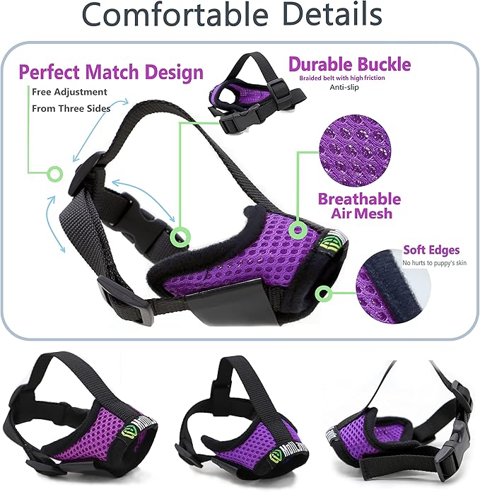 Dog Muzzle, Breathable Mesh Muzzles for Small Dogs 5-15bls, Chihuahua Muzzle for Biting Barking, Adjustable Puppy Muzzle XS Extra Small Muzzle (Comfy-Purple)