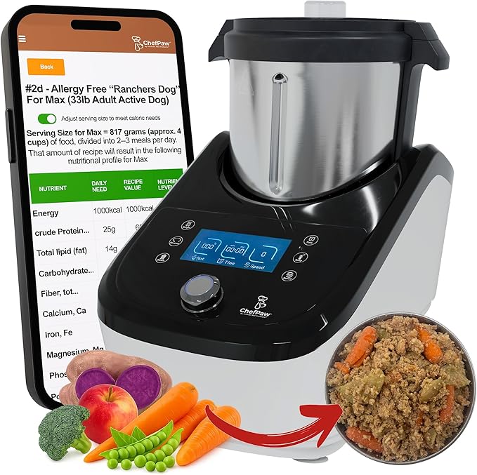 ChefPaw Pet Food Maker with Built-in Mixer & Cooker + Built-in Scale + Nutrition App + 50 Balanced Recipes – Makes 6.4 lbs of Fresh Human Grade Meals in 40 Minutes - Easy, All-in-One Pet Food Cooker