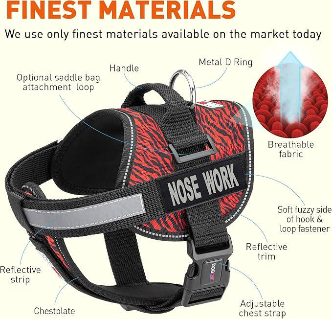 Dogline Unimax Dog Harness Vest with Nose Work Patches Reflective No-Pull, Adjustable Straps, Breathable Neoprene for Medical, Service, Identification and Training Dogs Girth 22 to 30" Zebra Red