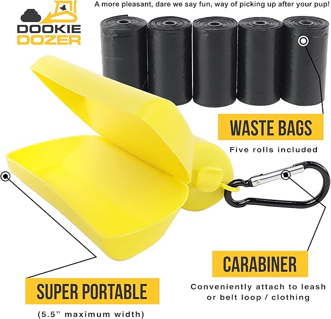 Dookie Dozer Innovative Dog Pooper Scooper with 5 Rolls Dog Poop Bags - Compact, Portable, Easy to Use - Carabiner Attaches to Leash