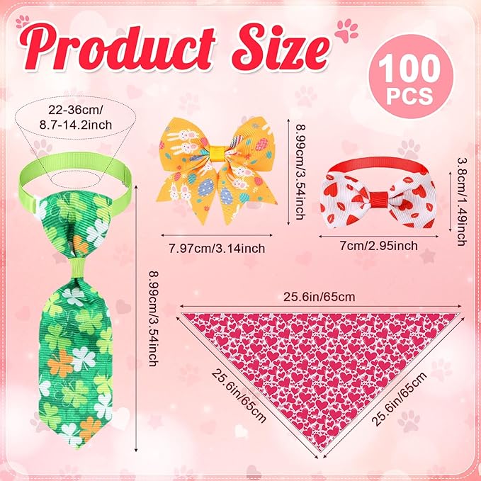 Reginary 120 Pcs Valentine St. Patrick's Day Easter Dog Bandanas Bulk Dog Bows Set Bow Ties Cat Scarf Colorful Washable Triangle Pet Kerchief Cute Bib for Small Medium Large Pets Grooming Accessories
