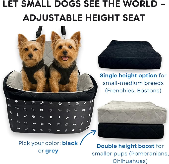 Small Dog Car Seat, Memory Foam Dog Booster Car Seats with Thick Cushion for Medium Dogs Under 35lbs, 3Storage Pockets with Zipper, 2 Safety Belts (Black, Regular)