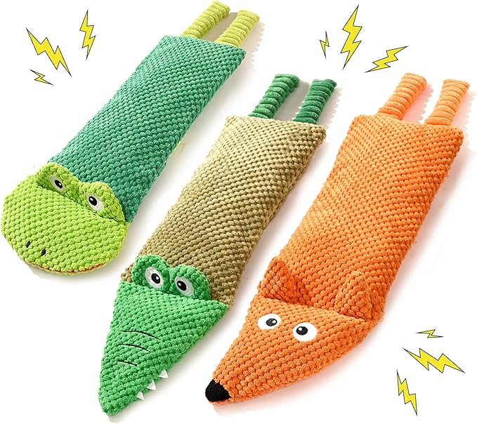 Interactive Squeaky Dog Toys for Small, Medium & Large Dogs, 3-Pack No-Stuffing Plush Chew Toys with Crinkle for Teething Puppies & Gentle Chewers – Keeps Bored Dogs Busy and Safe