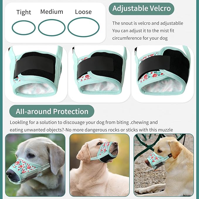 HEELE Dog Muzzle,Soft Nylon Muzzle Anti Biting Barking Chewing,Air Mesh Breathable Drinkable Adjustable Loop Pets Muzzle for Small Medium Large Dogs 4 Colors 4 Sizes (P-Cyan Flower, XS)