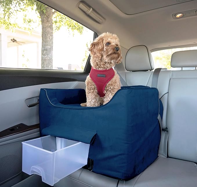 Snoozer Dog Car Seat with Storage Tray: Lookout II Dog Booster Car Seat for Pets up to 25lbs, Helps Alleviate Travel Sickness & Fear for Dogs, Removable Washable Cover – Sapphire, Size Medium