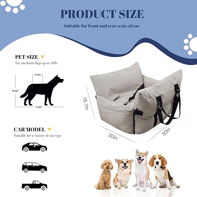 Daneey Dog Car Seat for Medium Dogs, Dog Booster Seat for Car, Fully Detachable Washable Dog Car Bed for Car Travel, Non-slip Safety Pet Car Seat with Seat Belt, Brown
