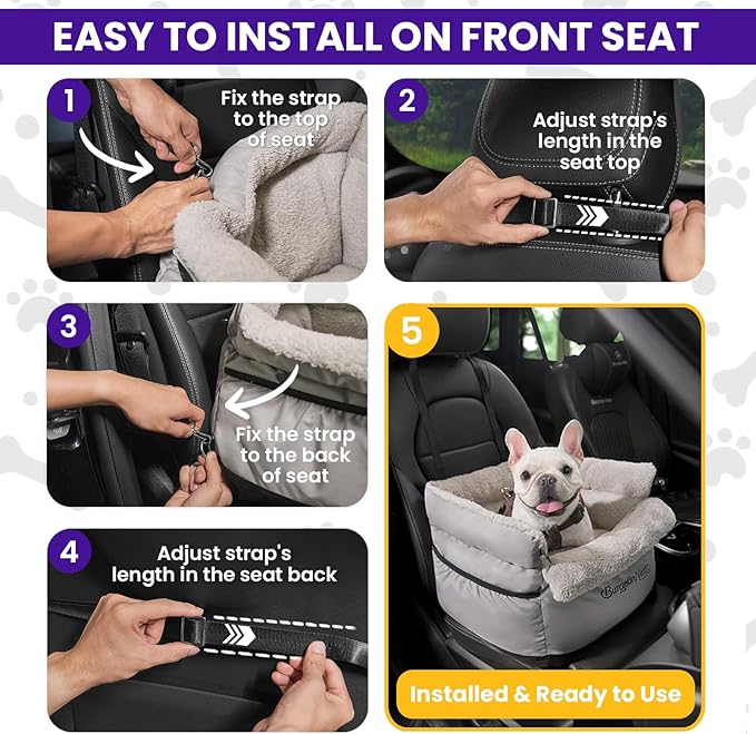 BurgeonNest Dog Car Seat for Small Dogs Under 25 lbs – Fully Detachable & Washable Pet Booster Seat with Safety Leash, Storage Pockets & Reversible Cushion, Portable Car Travel Carrier Bed, Grey