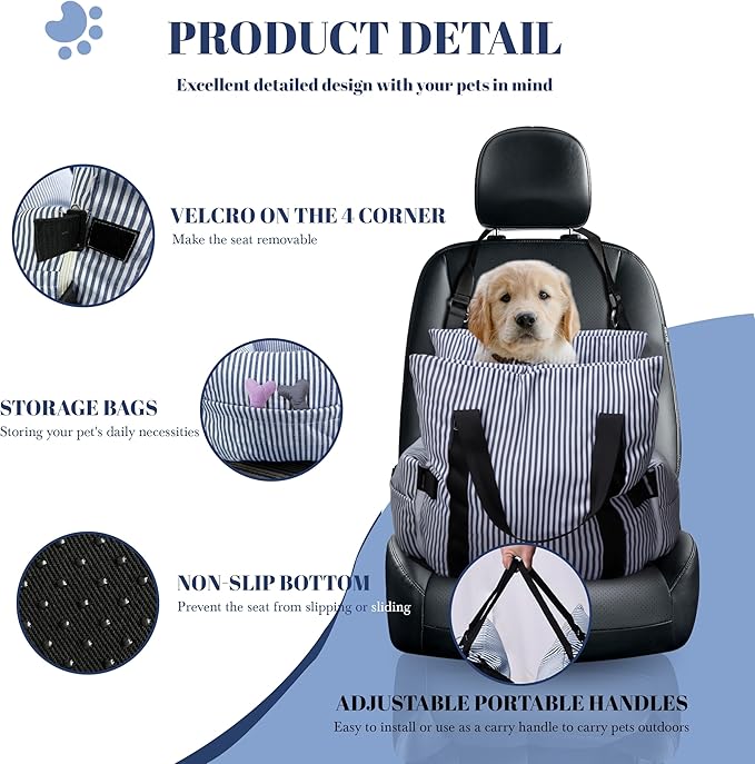 Daneey Small Dog Car Seat for Small Dogs under 15 lbs, Dog Booster Seat for Car, Fully Detachable Washable Dog Car Bed for Car Travel, Non-slip Safety Pet Car Seat with Seat Belt, Blue