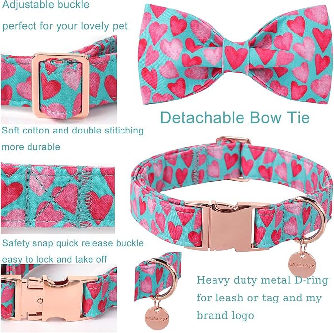 Valentine’s Day Dog Collar with Bow Tie, Pink Heart Bowtie Collar with Metal Buckle, Valentine’s Day Gift Pet Collar for Puppy Girl Boy Dog or Cat, Wedding Dog Collar, M, Neck 13.5-22in