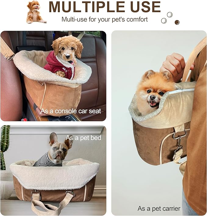 Dog Car Seat for Small Dogs Booster Seat Under 30lbs Pet Car Seat Travel Bed with Storage Pockets and Dog Safety Belt, Frosted-Velvet, Brown